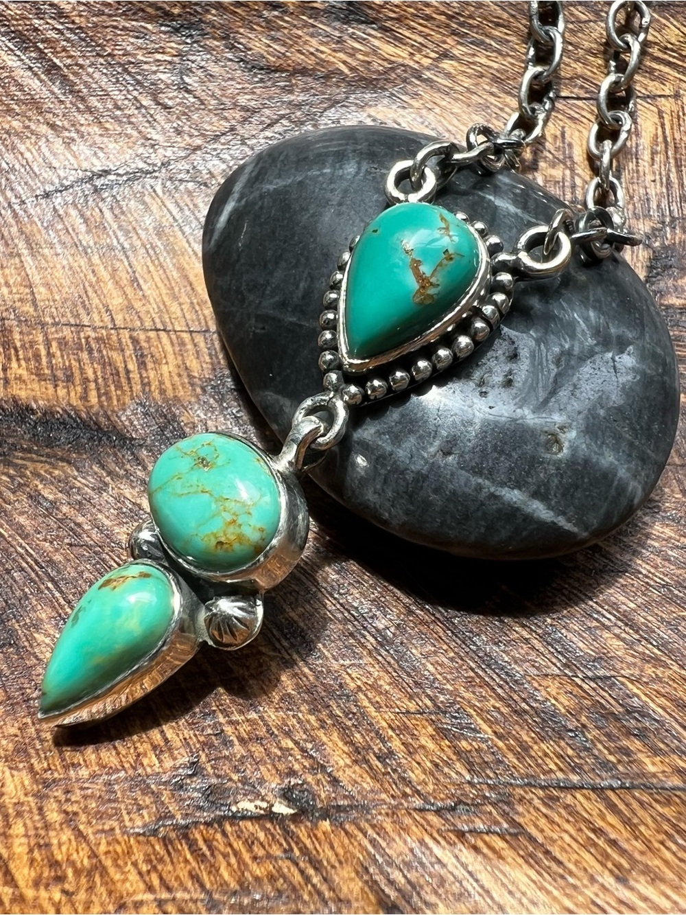 Kingman Turquoise Drop Necklace Sterling Silver 3 Stone Pendant | Southwestern - Picture 6 of 14